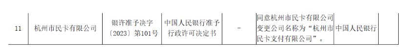 杭州市民卡获央行批准更名为杭州市民卡支付有限公司